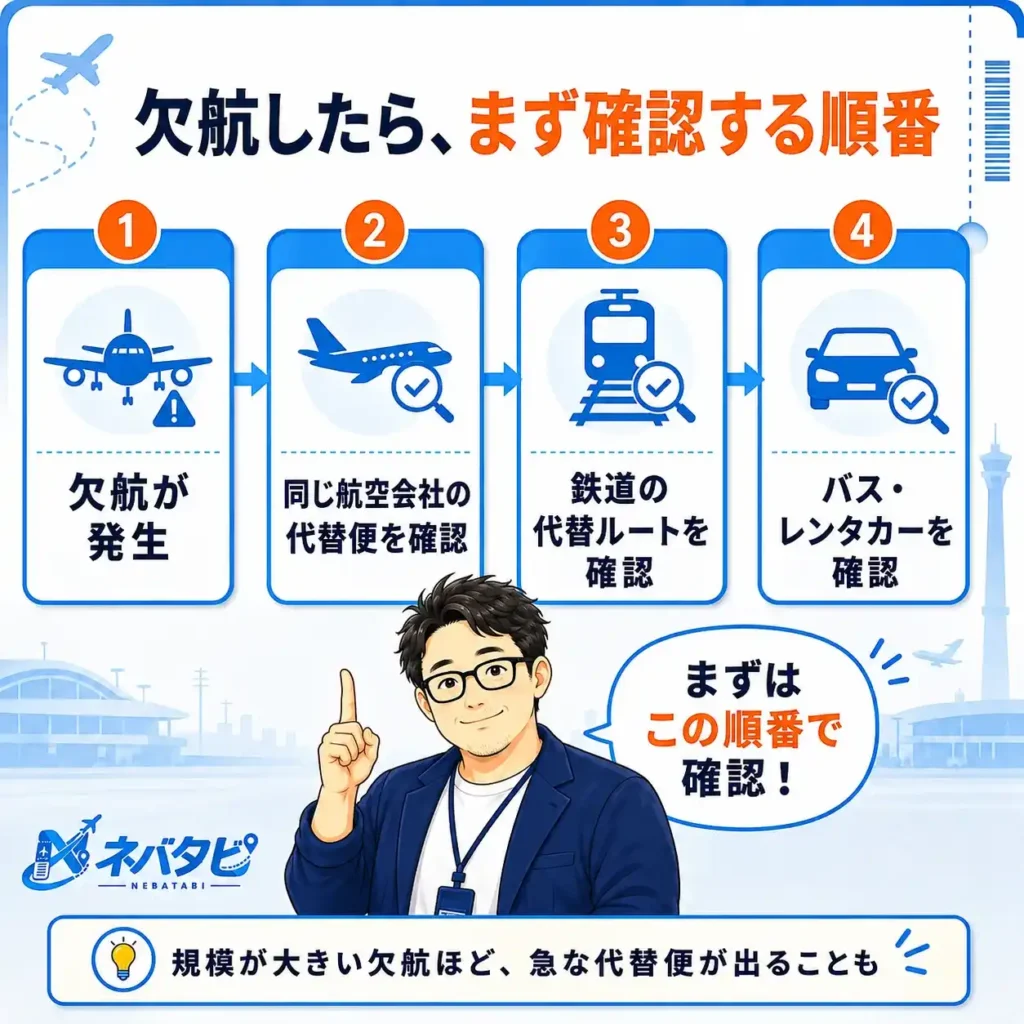 飛行機が欠航したときにまず確認すべき航空機・鉄道・車の優先順位フロー図