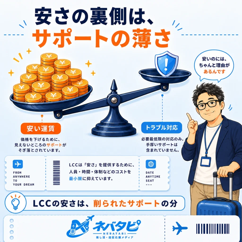 LCCの安い運賃とトラブル対応の手薄さを天秤で表したイラスト図解