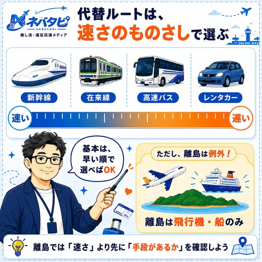 代替交通手段を速さの順で選ぶ判断基準と離島の例外を示す概念図