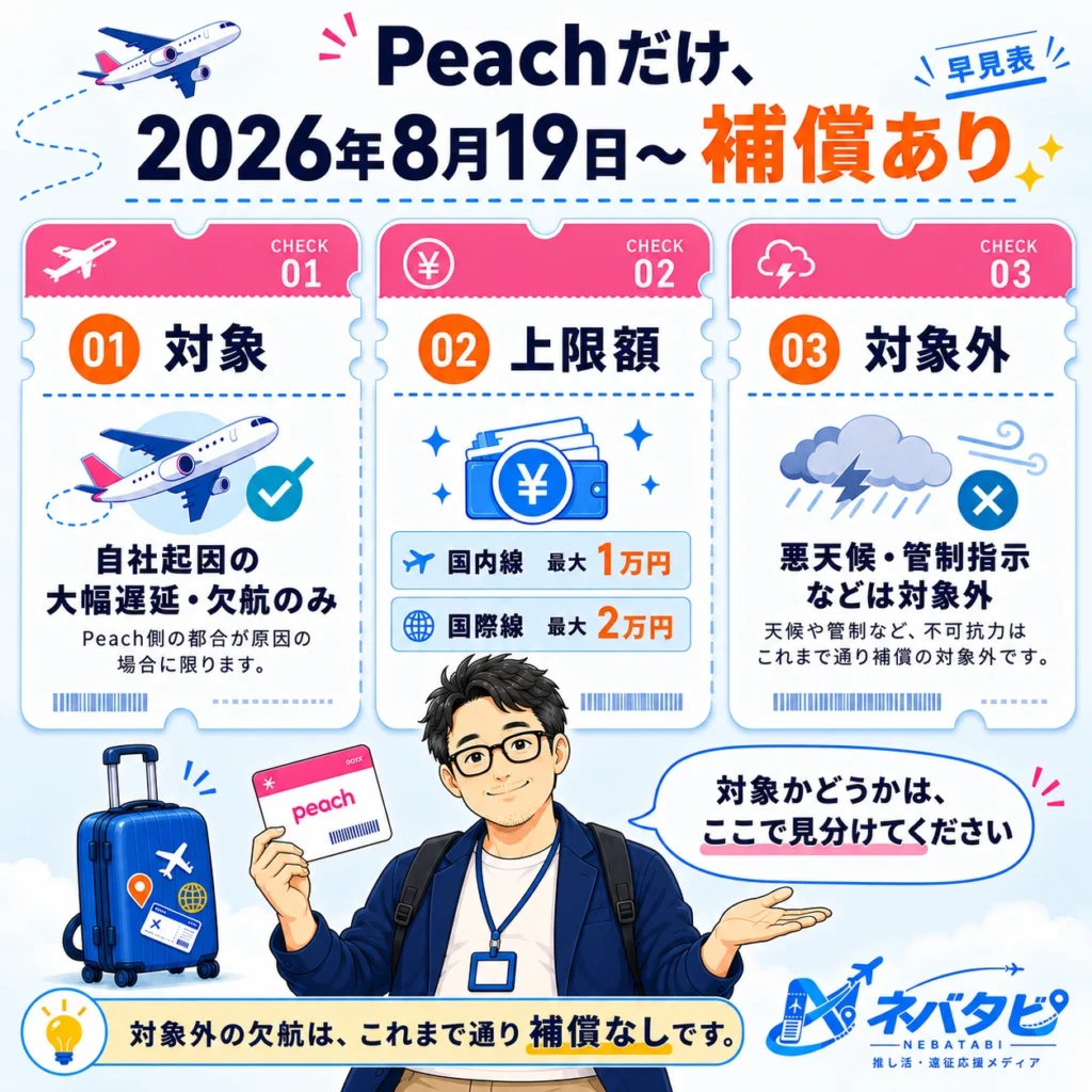 Peachの新しい欠航・遅延補償制度の対象条件・上限額・対象外をまとめたチェックリスト画像