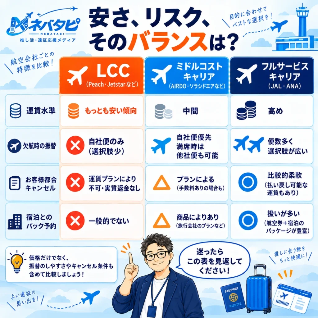 LCC・ミドルコストキャリア・フルサービスキャリアの運賃水準・欠航時の振替・お客様都合キャンセル・宿泊パック予約を比較した表