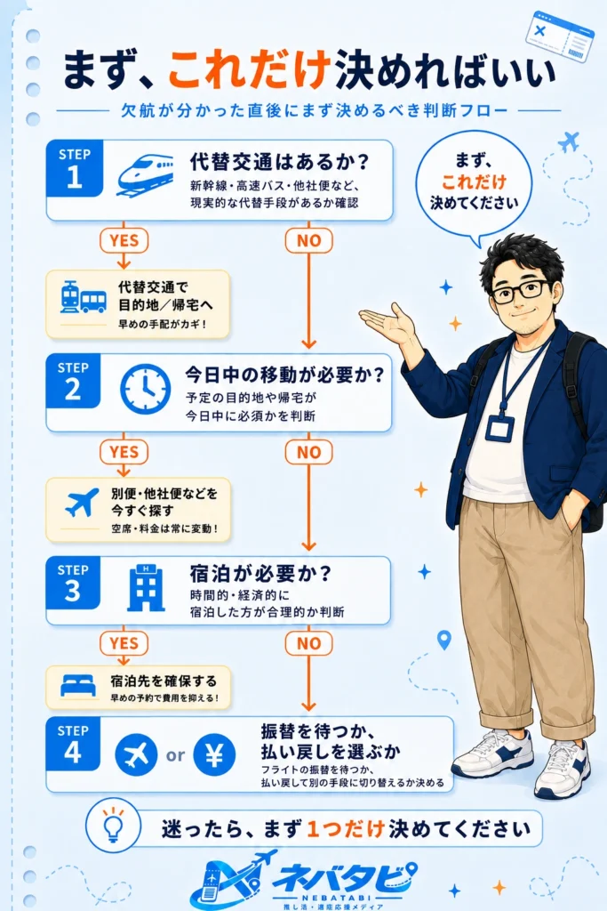 LCC欠航が分かった直後にやるべき行動をSTEP1からSTEP4で示した判断フローチャート画像