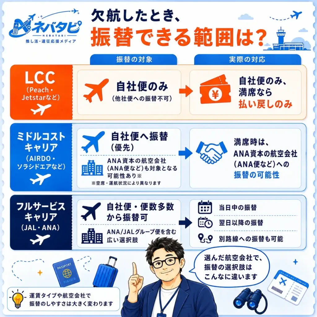 LCC・ミドルコストキャリア・フルサービスキャリアの欠航時振替対応比較レーン図