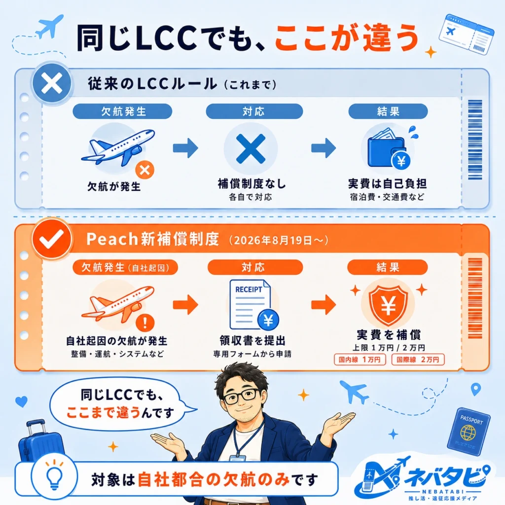 従来のLCC共通ルールとPeachの新補償制度を欠航発生から結果まで比較したインフォグラフィック画像