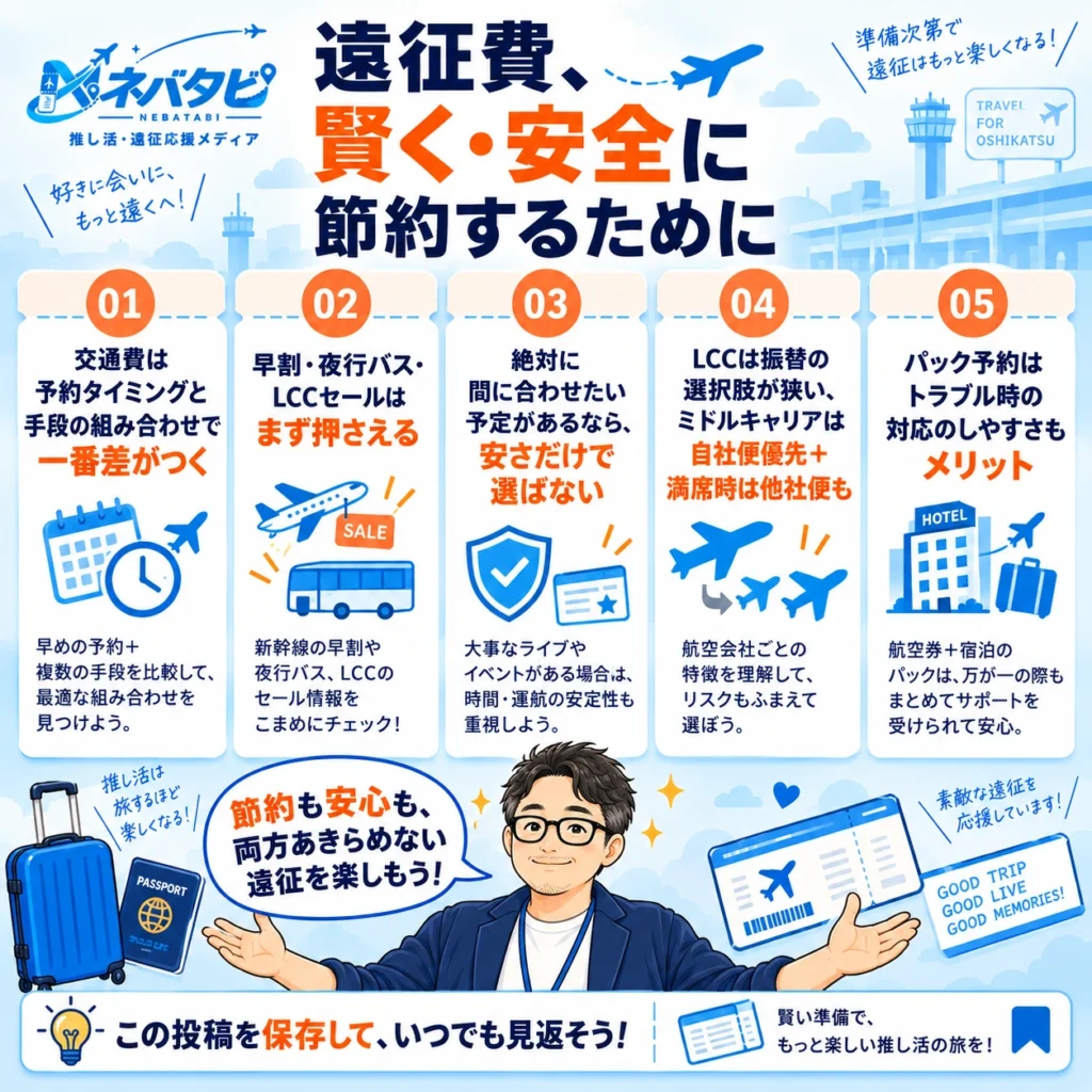 遠征費用を賢く安全に節約するための5つのポイントまとめカード（予約タイミングと手段の組み合わせ、早割・夜行バス、安さだけで選ばない、LCCの振替リスク、パック予約のメリット）