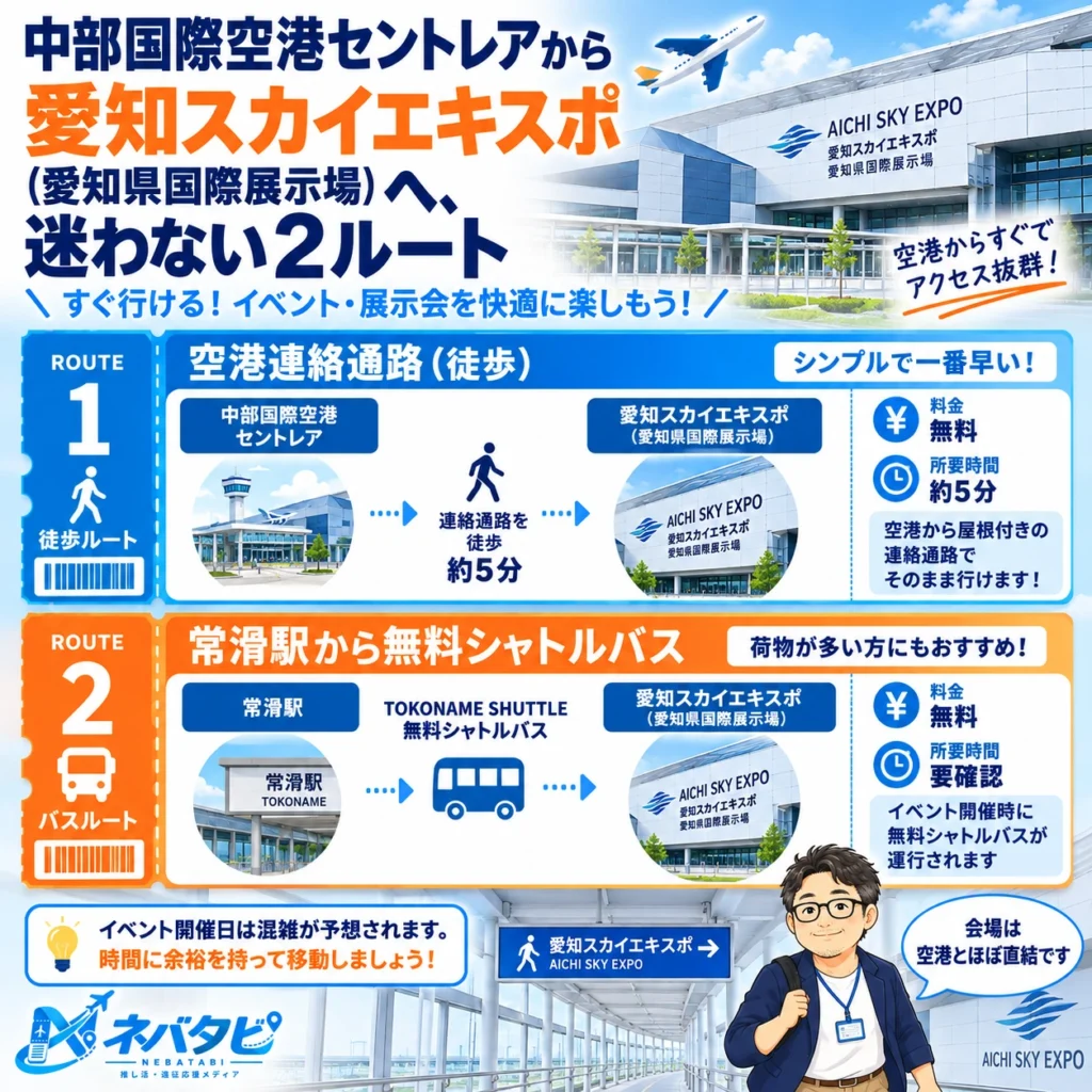 中部国際空港セントレアから愛知スカイエキスポ（愛知県国際展示場）への空港連絡通路（徒歩）・常滑駅から無料シャトルバスを示したインフォグラフィック