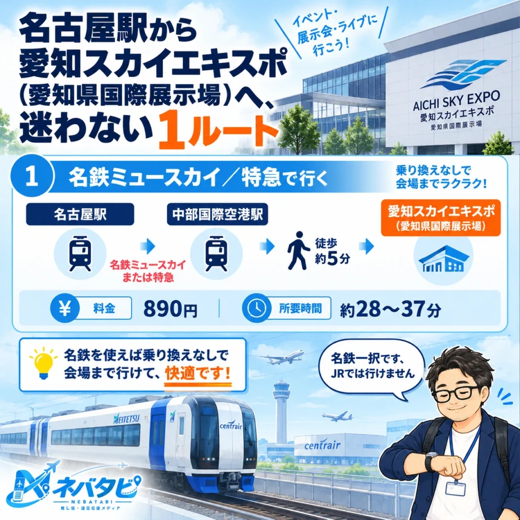 名古屋駅から愛知スカイエキスポ（愛知県国際展示場）への名鉄ミュースカイ／特急を示したインフォグラフィック