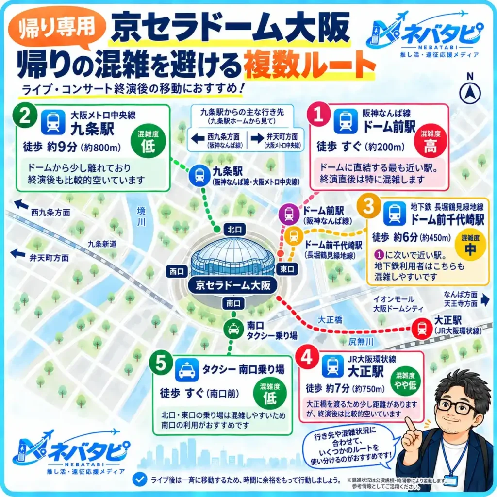 京セラドーム大阪から帰る際の混雑回避ルート(阪神なんば線・大阪メトロ中央線の九条駅、地下鉄乗換ルート、タクシー南口など)を示したマップ