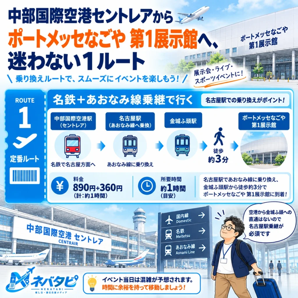 中部国際空港セントレアからポートメッセなごや 第1展示館への名鉄＋あおなみ線乗継を示したインフォグラフィック