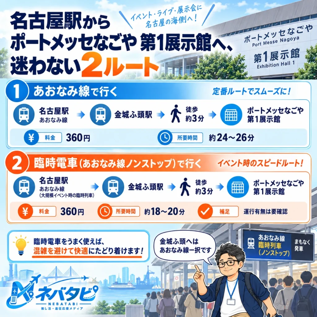 名古屋駅からポートメッセなごや 第1展示館へのあおなみ線・臨時電車（あおなみ線ノンストップ）を示したインフォグラフィック