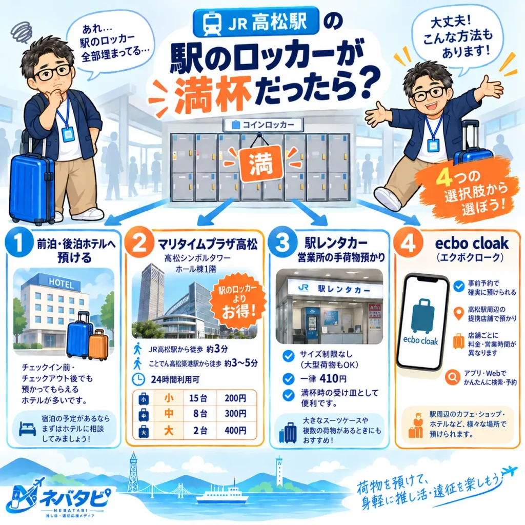 高松駅・高松築港駅のコインロッカーが満杯の場合の代替手段（ホテル預かり・マリタイムプラザ高松・駅レンタカー窓口・ecbo cloak）を示す図解