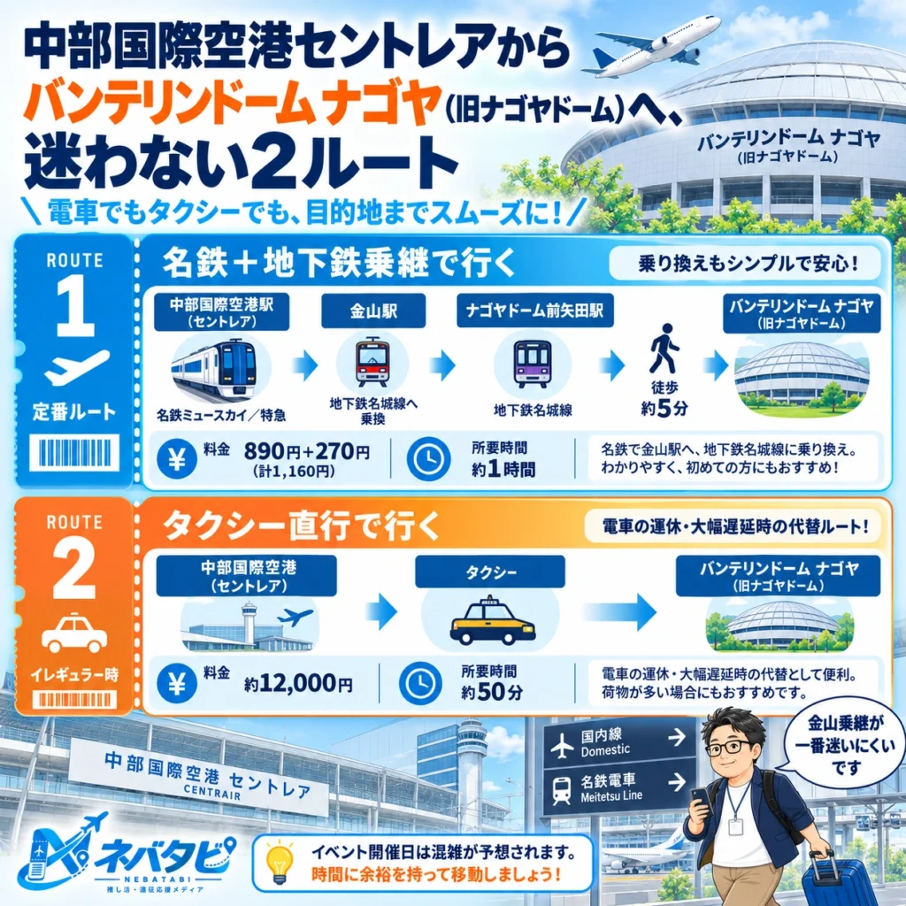 中部国際空港セントレアからバンテリンドーム ナゴヤ（旧ナゴヤドーム）への名鉄＋地下鉄乗継・イレギュラー時：タクシー直行を示したインフォグラフィック