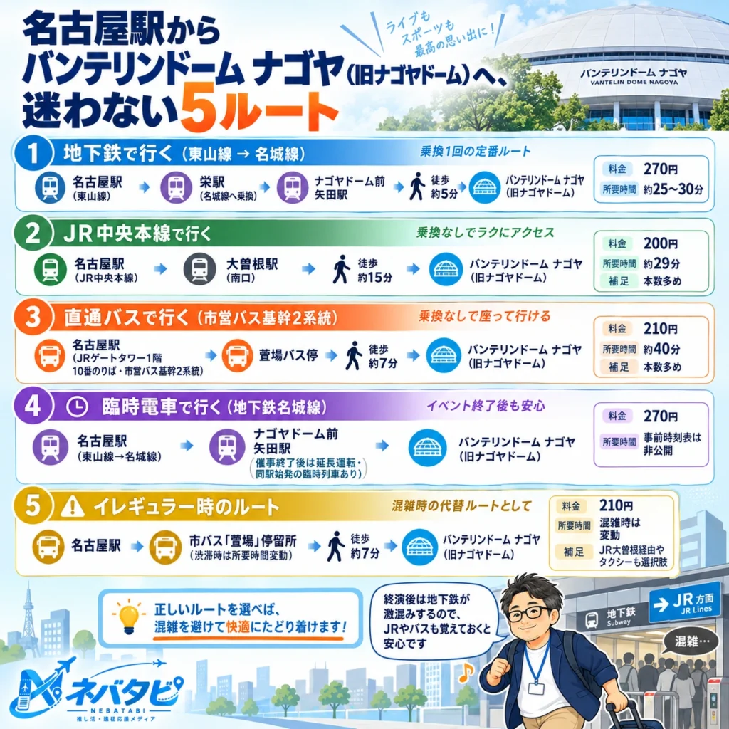 名古屋駅からバンテリンドーム ナゴヤ（旧ナゴヤドーム）への地下鉄（東山線→名城線）・JR中央本線・直通バス（市営バス基幹2系統）・臨時電車（地下鉄名城線）・イレギュラー時を示したインフォグラフィック