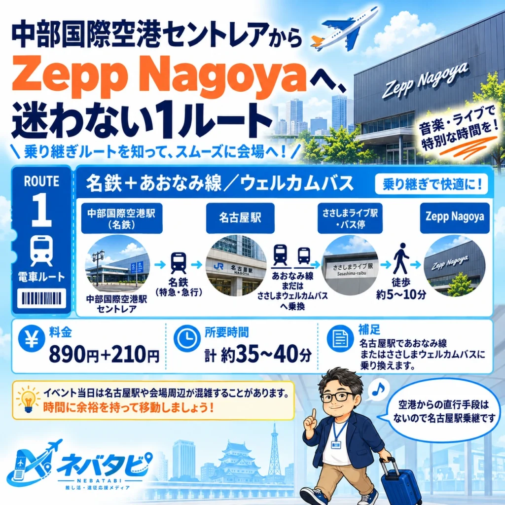 中部国際空港セントレアからZepp Nagoyaへの名鉄＋あおなみ線／ウェルカムバスを示したインフォグラフィック