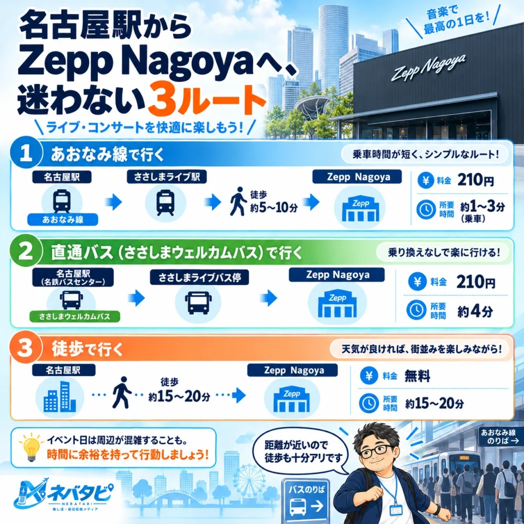 名古屋駅からZepp Nagoyaへのあおなみ線・直通バス（ささしまウェルカムバス）・徒歩を示したインフォグラフィック